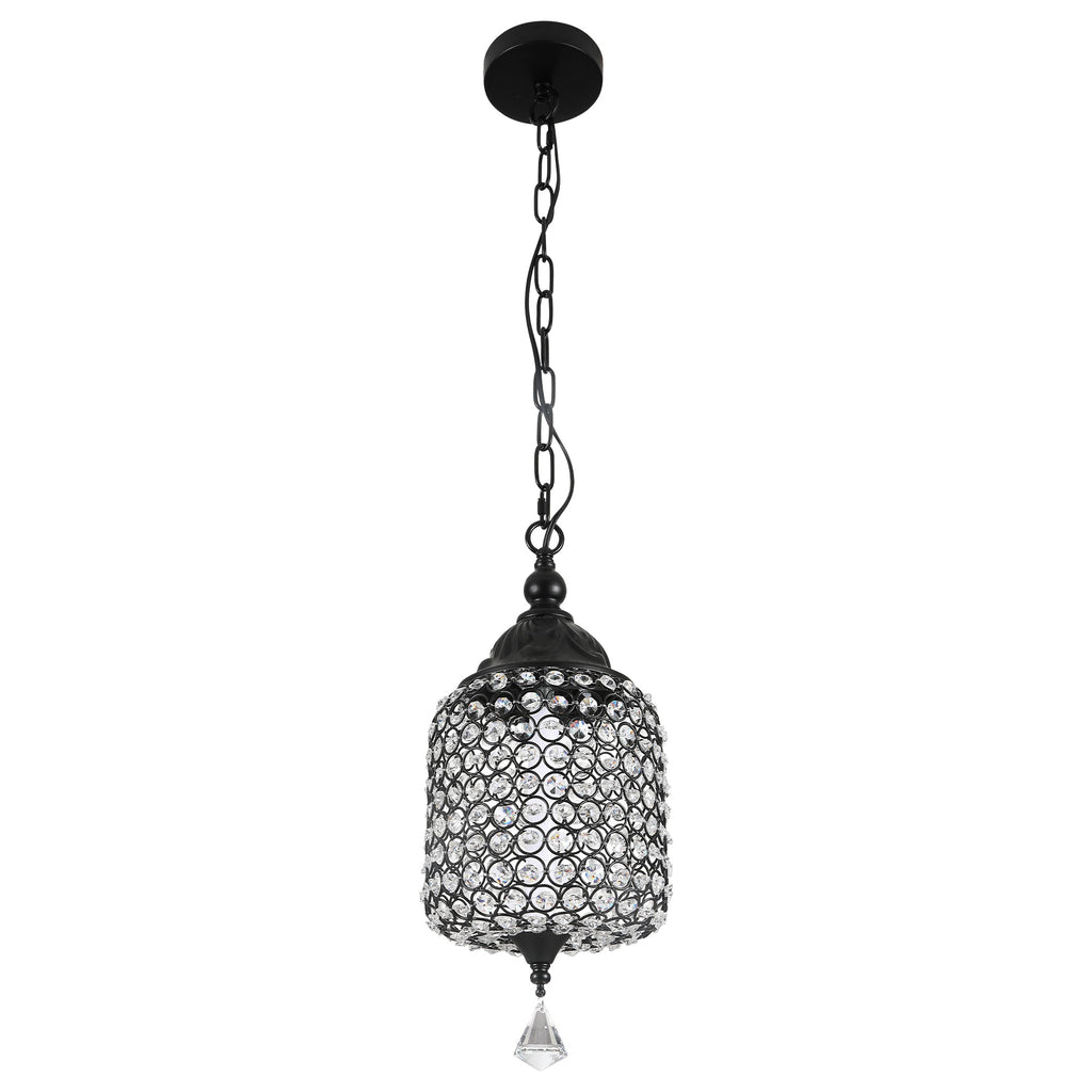 1 - Light Black/Chrome Cylinder Crystal LED Pendant Light, 7.3" Dining Room Light Fixtures Kitchen Island Light