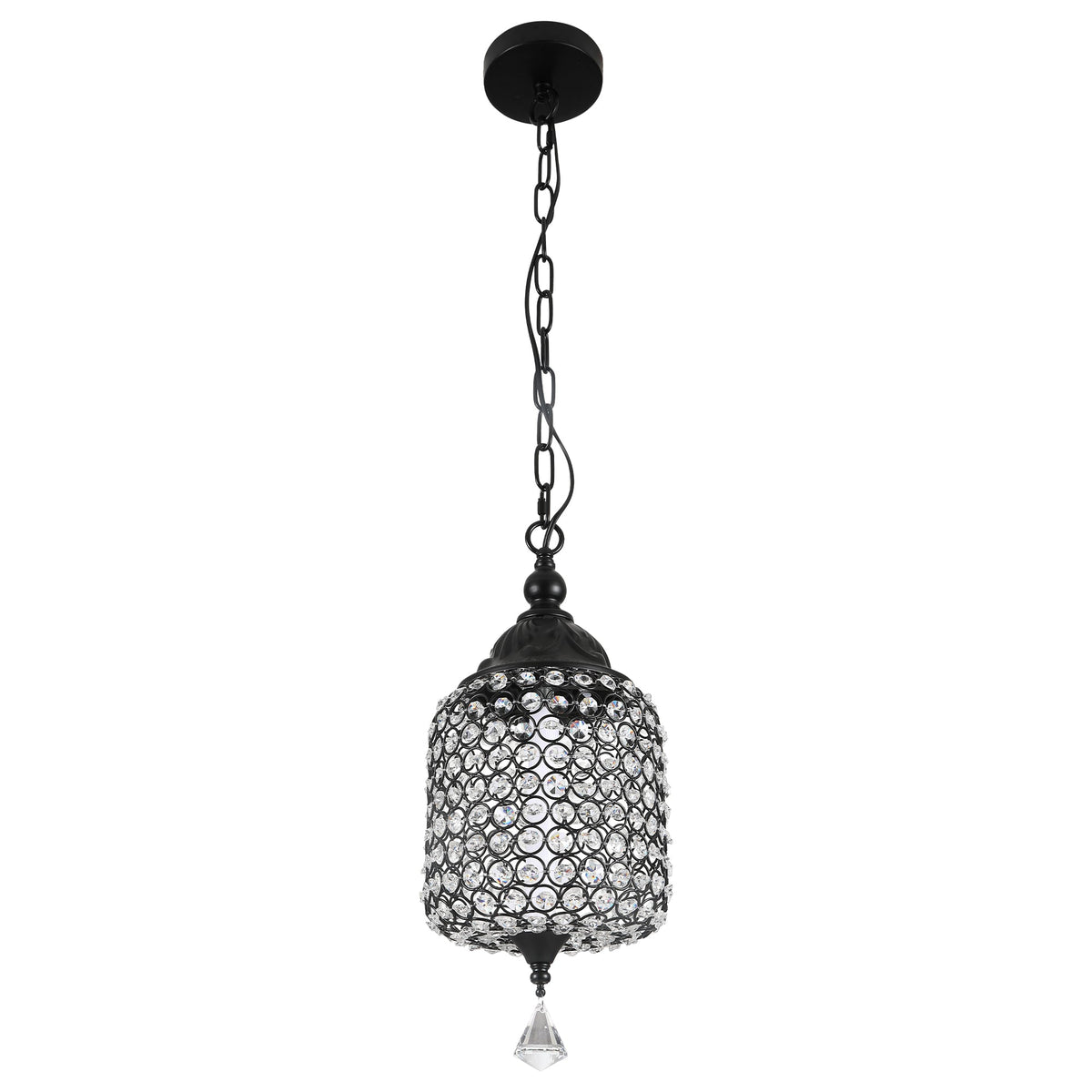 1 - Light Black/Chrome Cylinder Crystal LED Pendant Light, 7.3" Dining Room Light Fixtures Kitchen Island Light