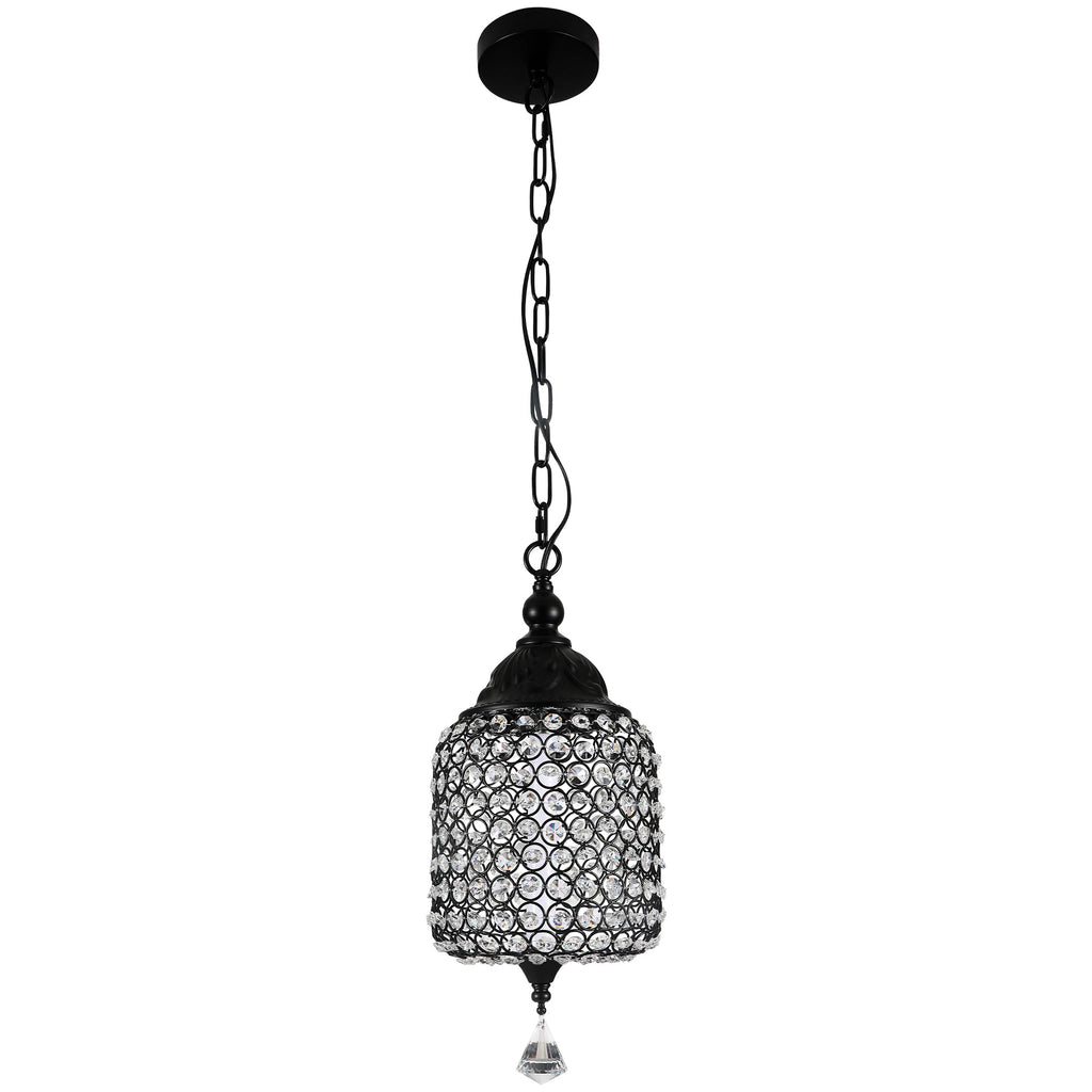 1 - Light Black/Chrome Cylinder Crystal LED Pendant Light, 7.3" Dining Room Light Fixtures Kitchen Island Light