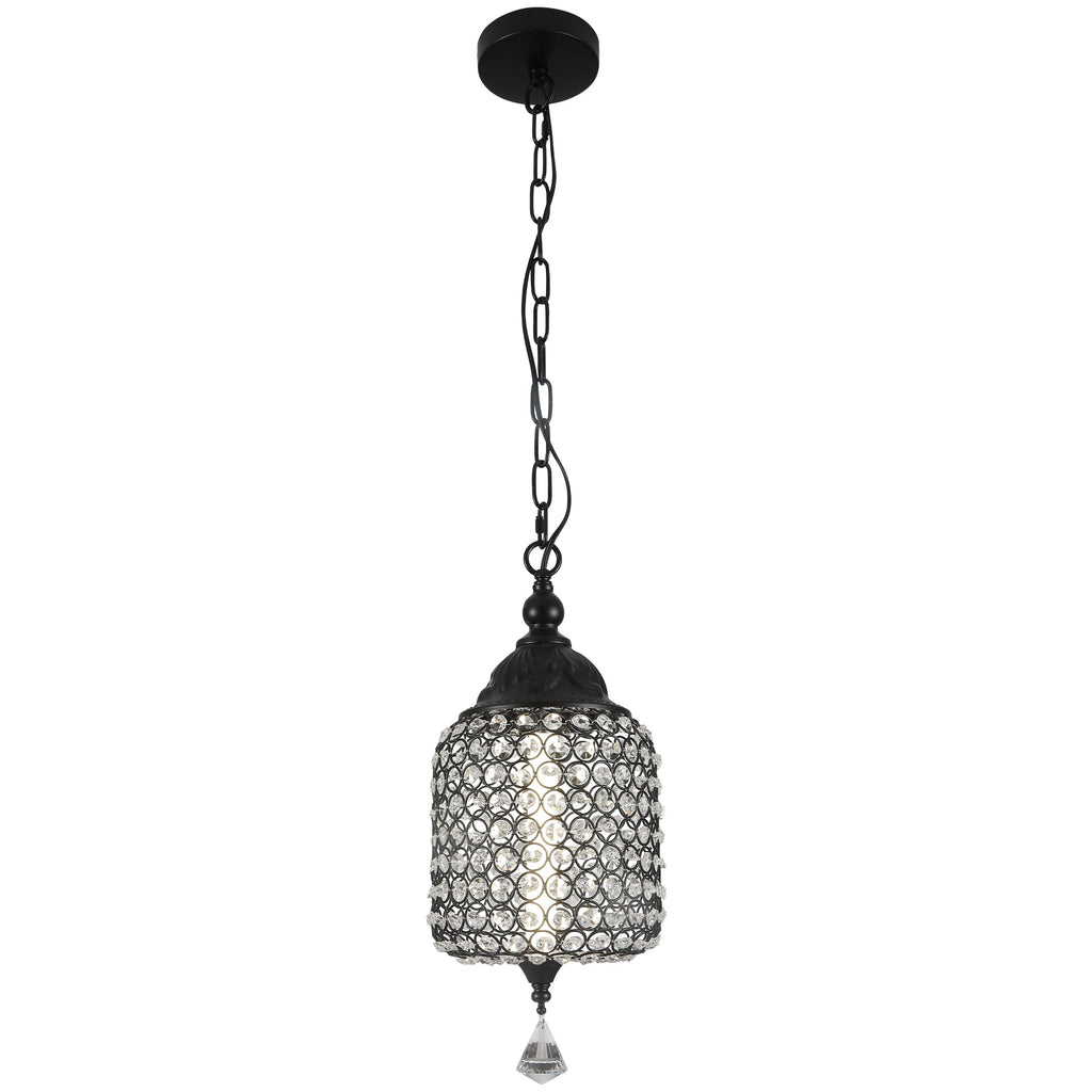 1 - Light Black/Chrome Cylinder Crystal LED Pendant Light, 7.3" Dining Room Light Fixtures Kitchen Island Light