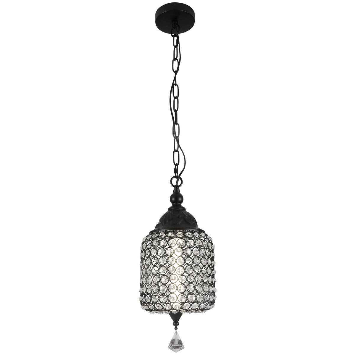 1 - Light Black/Chrome Cylinder Crystal LED Pendant Light, 7.3" Dining Room Light Fixtures Kitchen Island Light