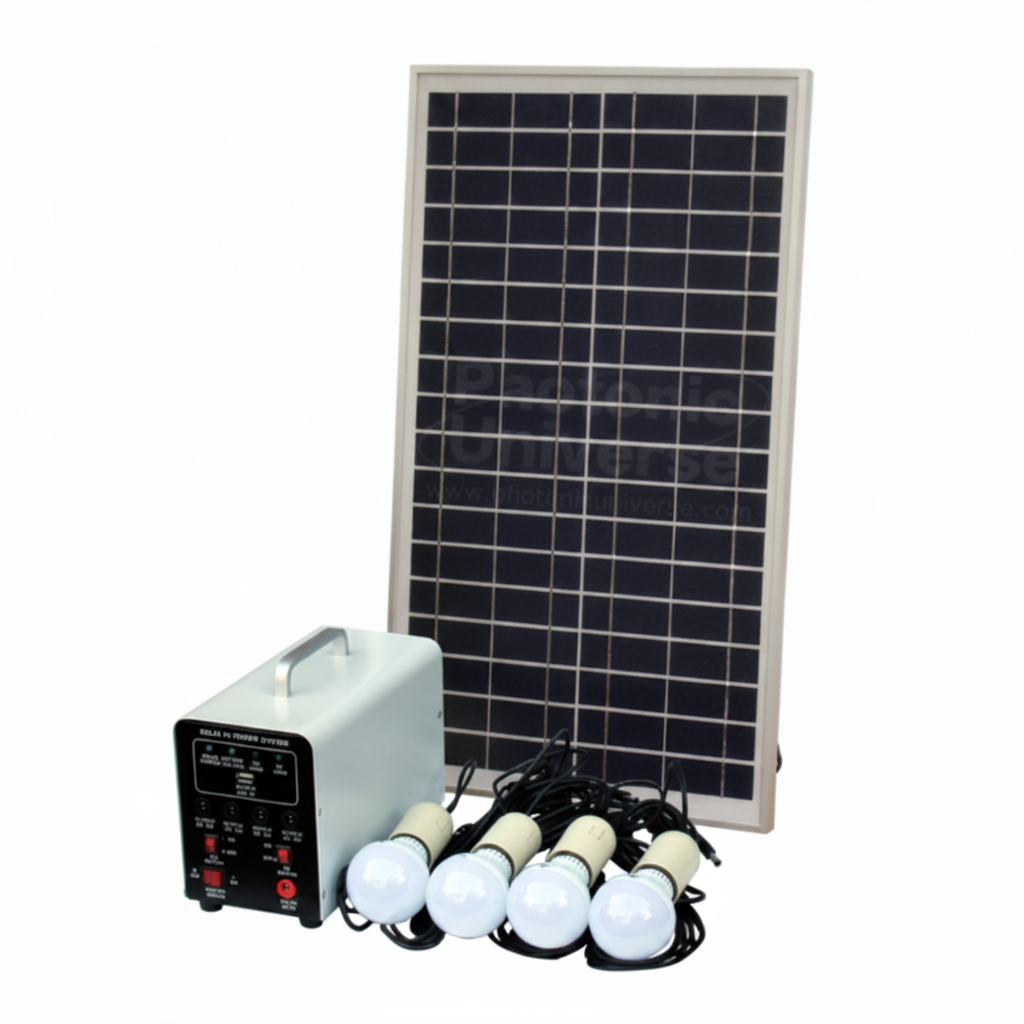 25W Off-Grid Solar Lighting System with 4 LED Lights, Solar Panel and Battery