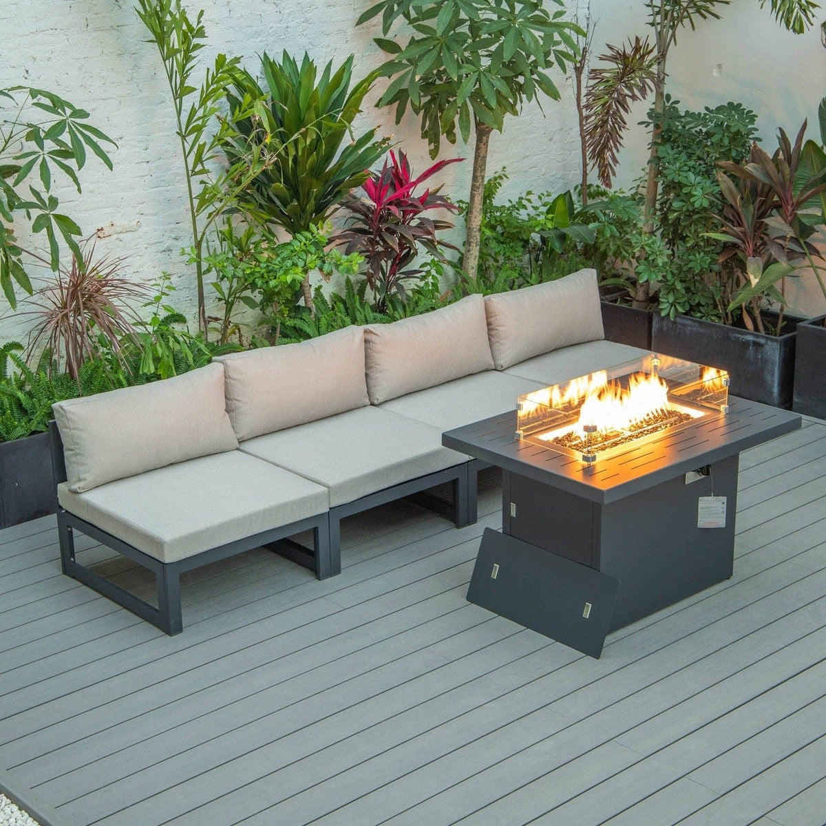 LeisureMod Chelsea 5-Piece Patio Set with Fire Pit Table