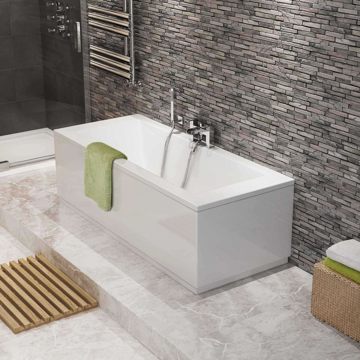 iBathUK Strava Double Ended Rectangular Acrylic Bathtub with Adjustable Feet, Modern White Gloss Bathroom Tub, 1700 x 750mm
