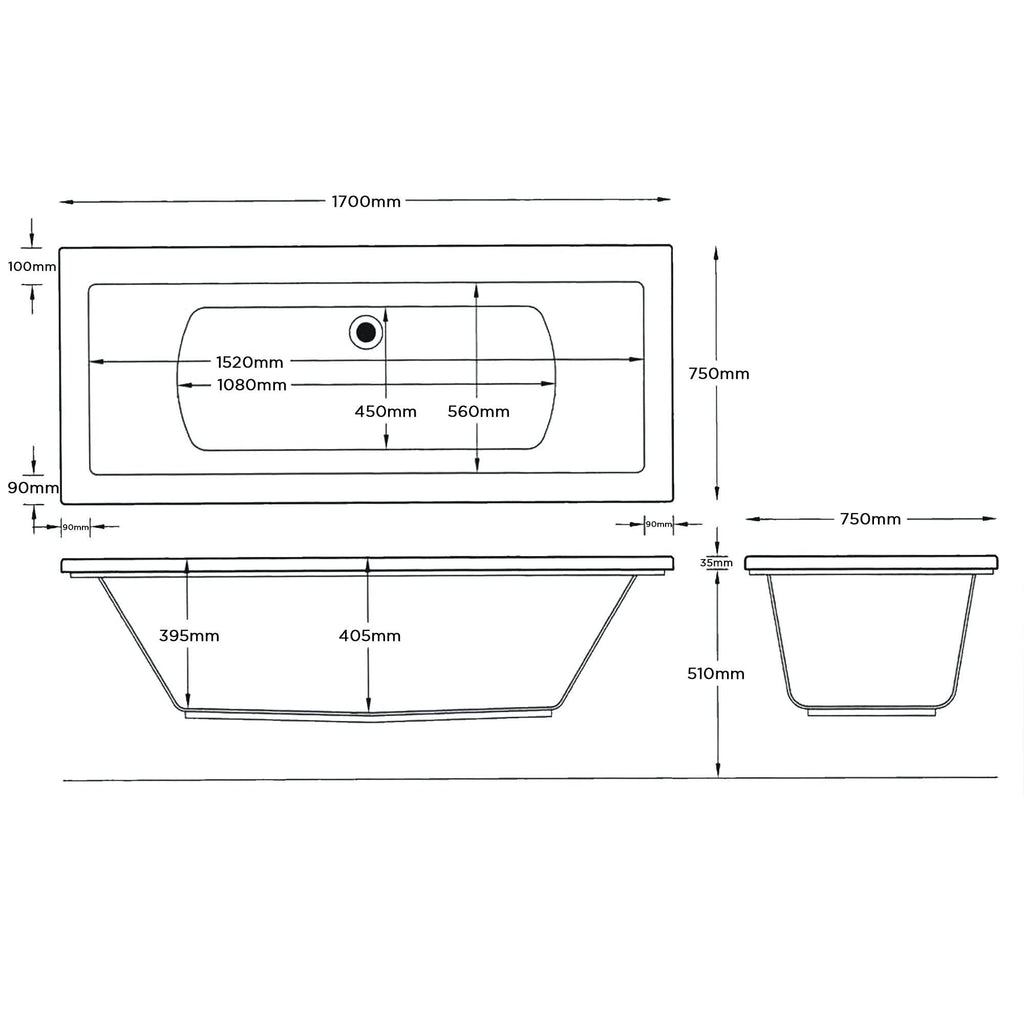 iBathUK Strava Double Ended Rectangular Acrylic Bathtub with Adjustable Feet, Modern White Gloss Bathroom Tub, 1700 x 750mm