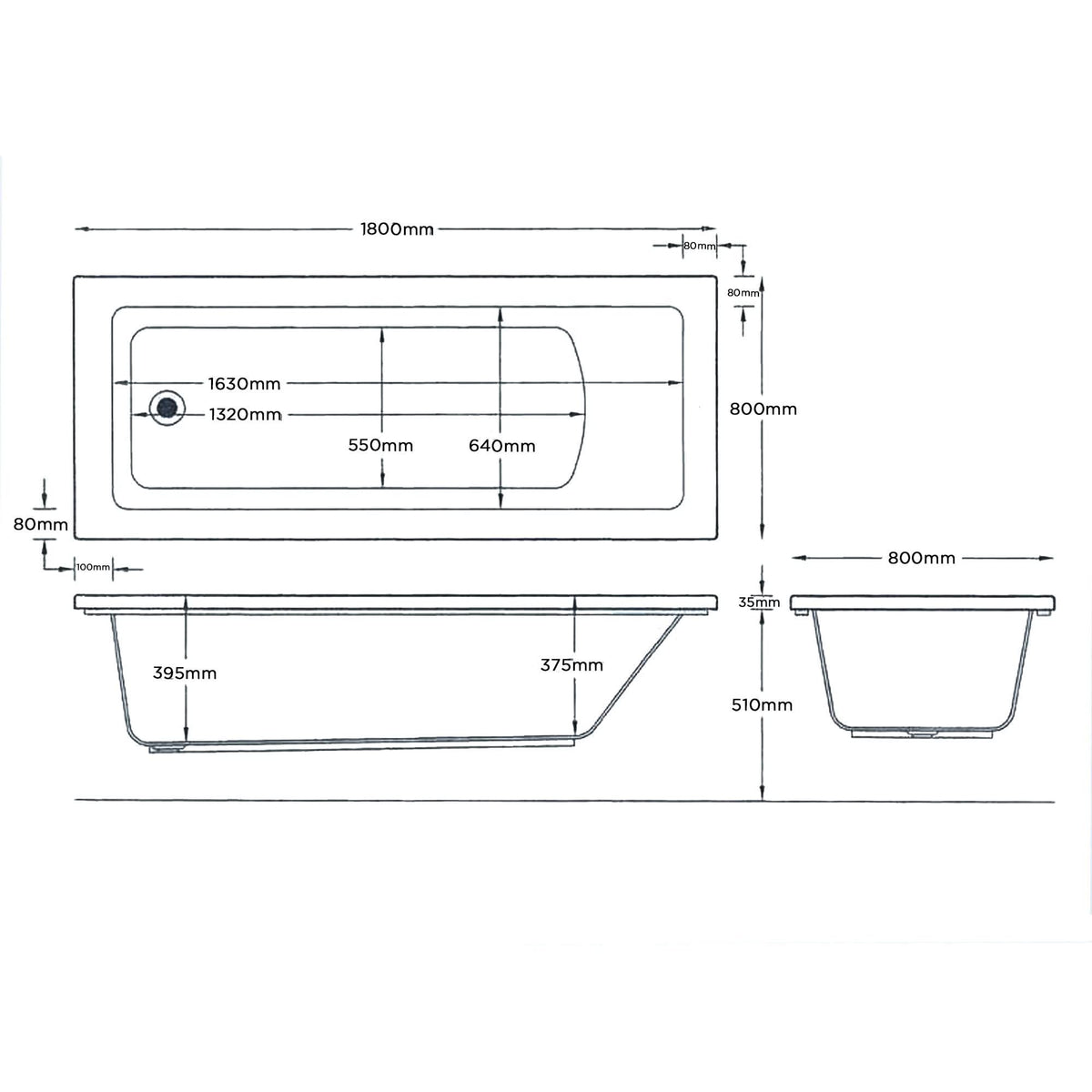 iBathUK Arvon Large Designer Single Ended Rectangular Acrylic Bathtub with Adjustable Feet, White Gloss Bathroom Tub, 1800 x 800mm