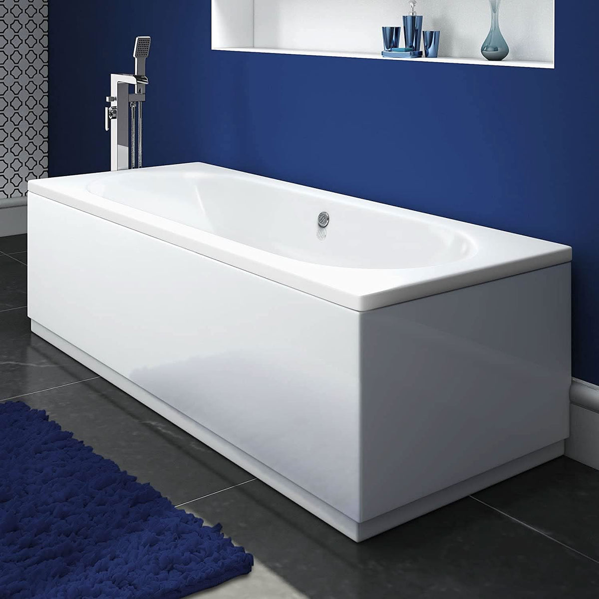 iBathUK Olira Double Ended Rectangular Acrylic Bathtub with Rounded Interior, White Gloss Bathroom Bath, 1700 x 750mm