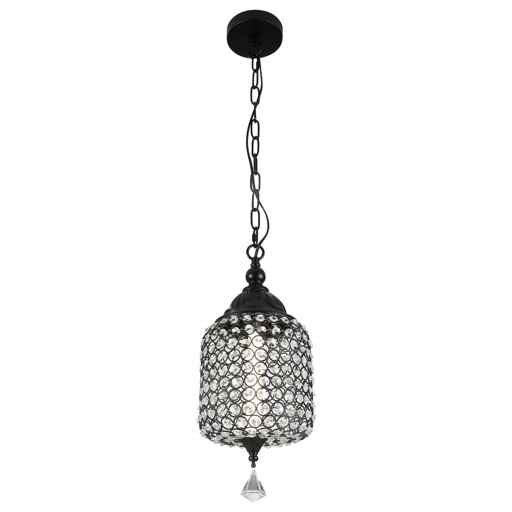 1 - Light Black/Chrome Cylinder Crystal LED Pendant Light, 7.3" Dining Room Light Fixtures Kitchen Island Light