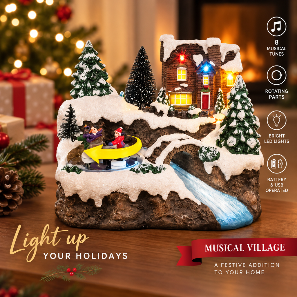 Christmas Musical Village LED Light Up Rotating Figures Xmas Decoration USB Battery