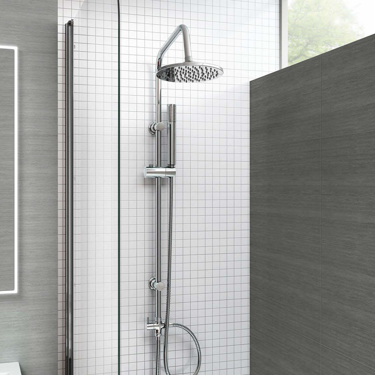 iBathUK Elevex 2 Way Shower Riser Rail Kit with Fixed Head, Handset & Diverter - Chrome
