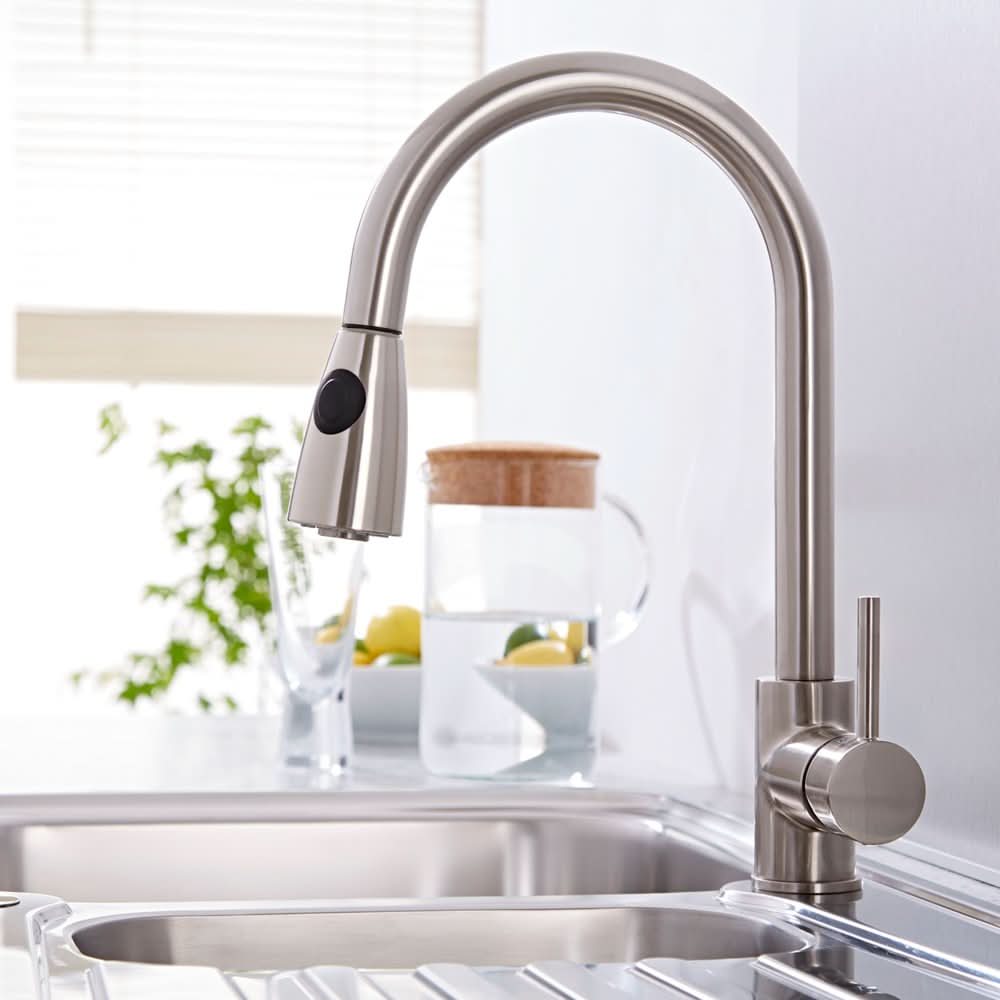 Kelso Pull Out Monobloc Single Lever Spring Kitchen Mixer Tap, Sink Brass Tap Mixers Swivel Spout with Hoses and Fittings - Chrome