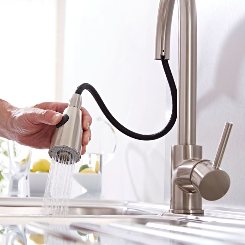 Kelso Pull Out Monobloc Single Lever Spring Kitchen Mixer Tap, Sink Brass Tap Mixers Swivel Spout with Hoses and Fittings - Chrome