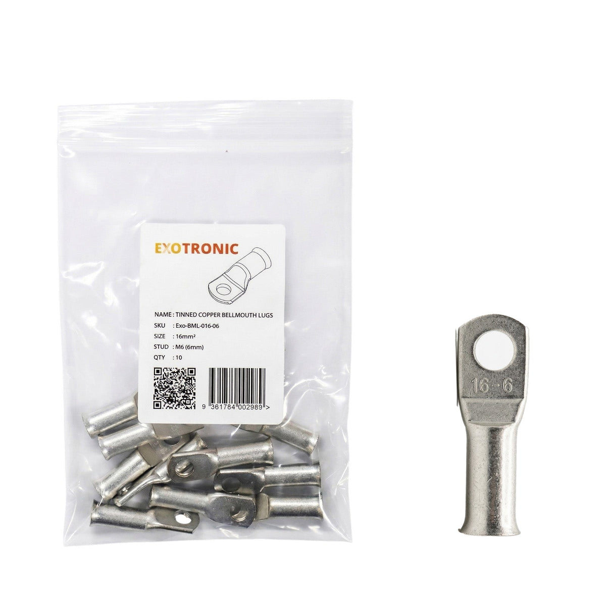 10 Pack of Exotronic 16mm² Copper Lug M6 | Bellmouth