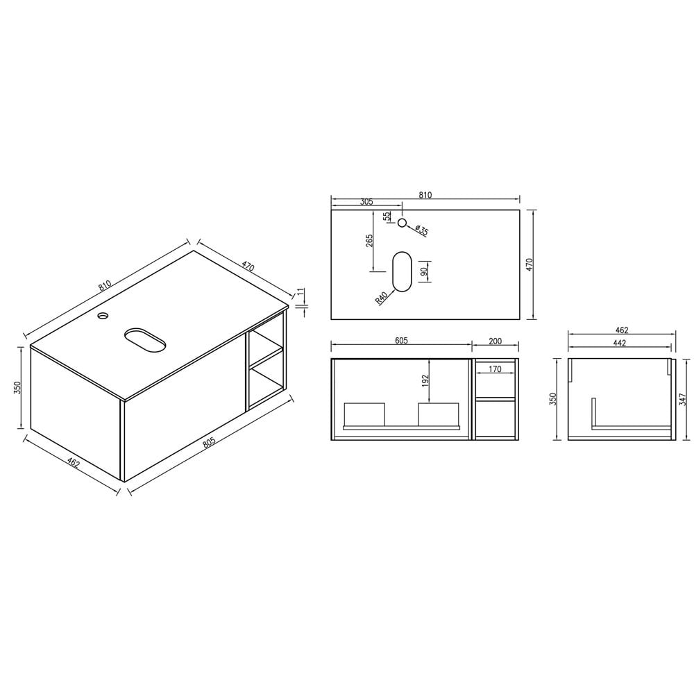 Astini Flauto 800mm Wall Hung Vanity W/ RH Side Storage & LH Counter Top