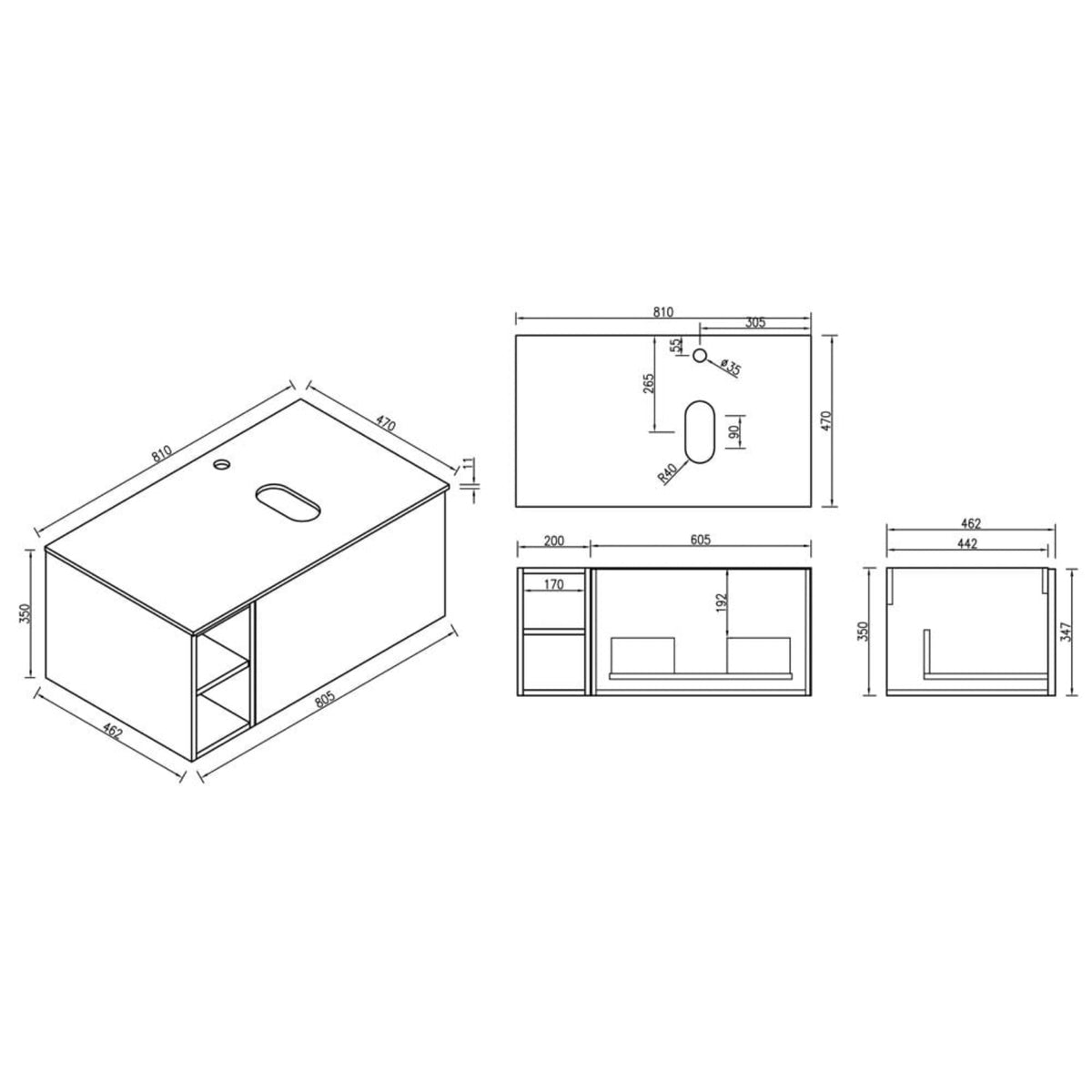 Astini Flauto 800mm Wall Hung Vanity Unit W/ LH Side Storage & RH Counter Top