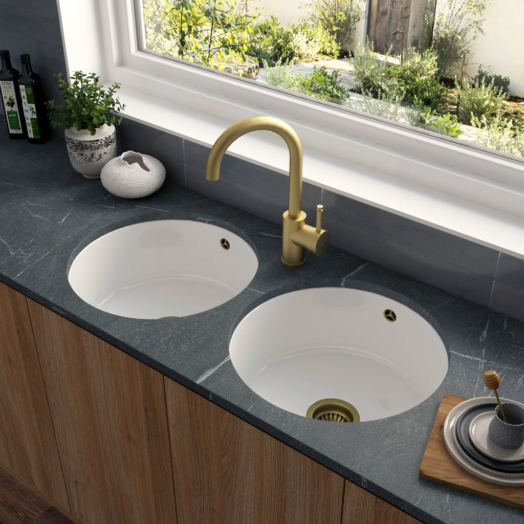 Astini Round Inset/Undermount 460 2.0 Bowl White Ceramic Kitchen Sink with Waste & Overflow