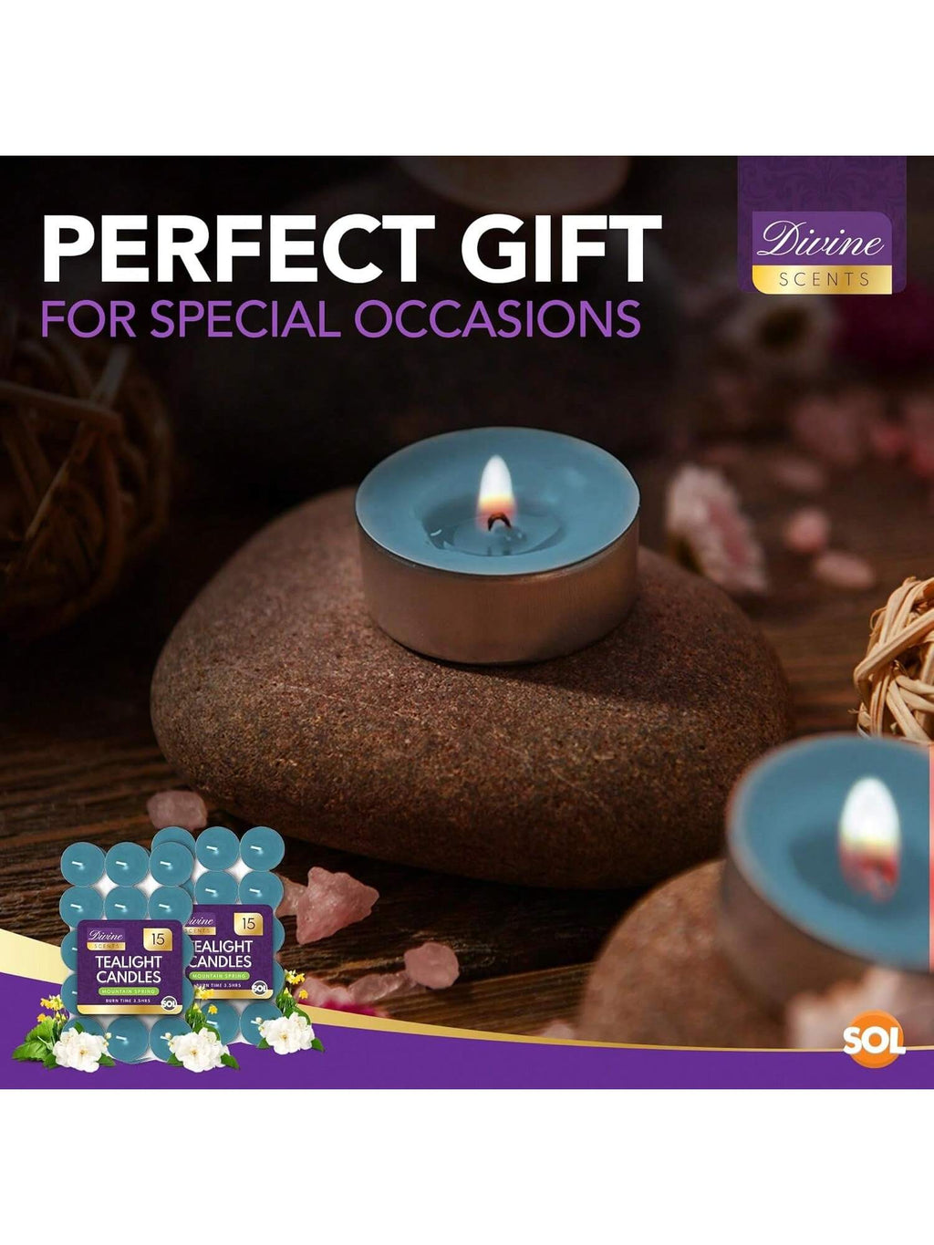 SOL 60pk Tea Light Candles Mountain Spring – 3.5 Hour Burn Time, Scented Tea Lights With A Refreshing Fragrance - Ideal For Home, Relaxation, Romantic Dinners, Weddings, Festive Decor, Cosy Evenings