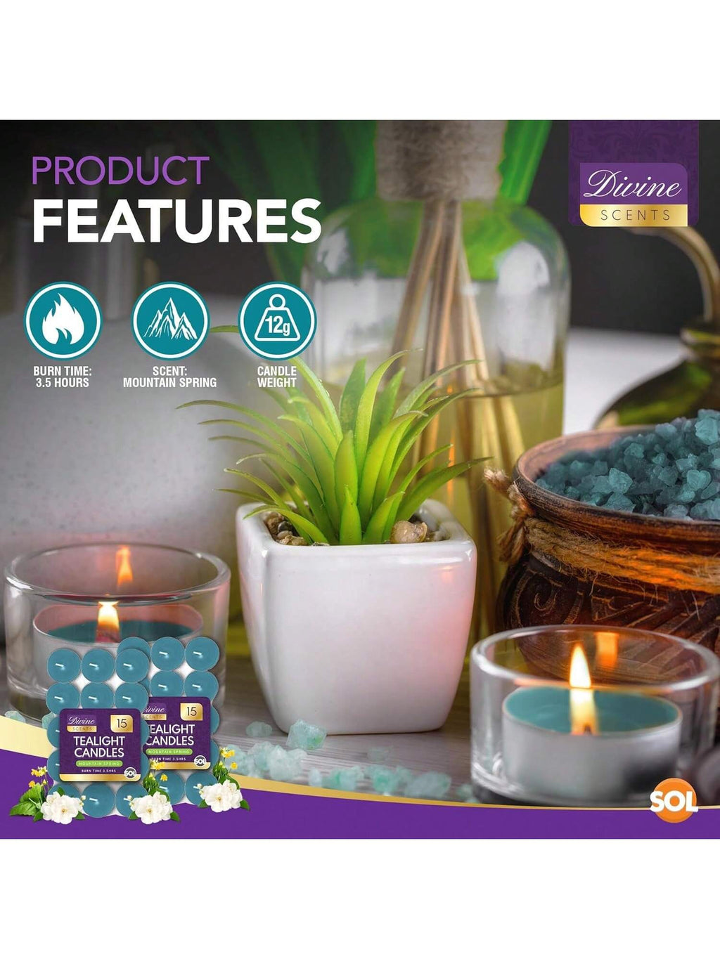 SOL 60pk Tea Light Candles Mountain Spring – 3.5 Hour Burn Time, Scented Tea Lights With A Refreshing Fragrance - Ideal For Home, Relaxation, Romantic Dinners, Weddings, Festive Decor, Cosy Evenings