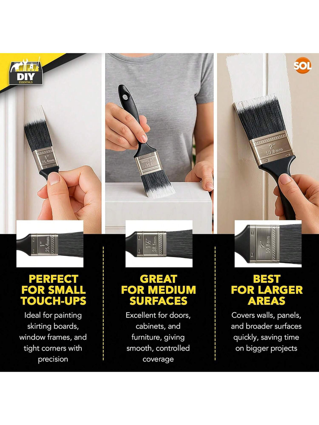 SOL 3pk Paint Brushes Set - 1", 1.5", 2" Paint Brushes Decorating Set - Ideal For DIY - Multipurpose, Interior And Exterior Painting, No Bristle Loss, Wood Wall Ceiling Cutting