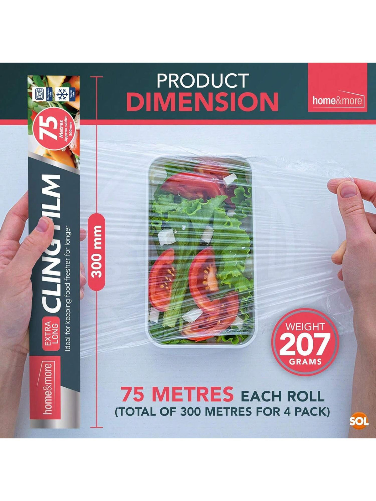 SOL 4pk Cling Film For Food 75m X 30cm – Catering Cling Film With Dispenser & Cutter – Food Wrap Refill Rolls For Kitchen, Meal Prep, And Food Storage, Easy To Use
