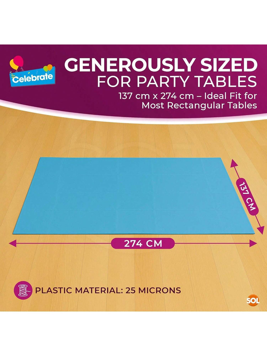 SOL 2pk Long Blue Table Cloths Party Party 274x137cm Disposable Plastic Cover. Heavy Duty Spill Protection: Opaque Design For Boys Birthdays, Christening, Communion, Gender Reveals, Weddings & Events.