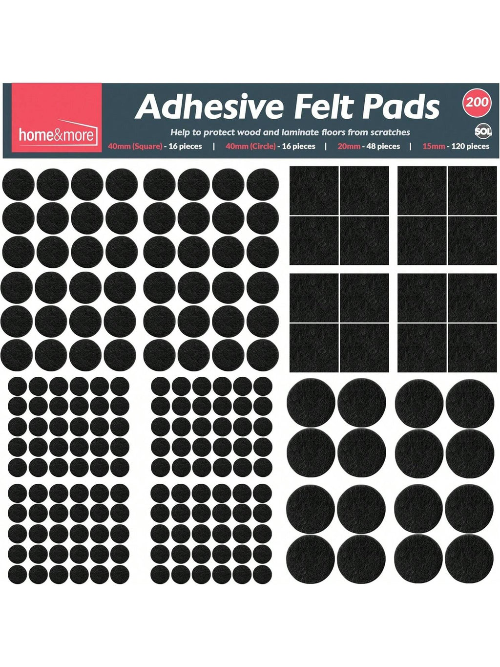 SOL 200pk Felt Pad For Furniture Feet – Felt Floor Protectors For Chairs & Furniture Legs – Chair Leg Floor Protectors To Protect Hardwood Floors