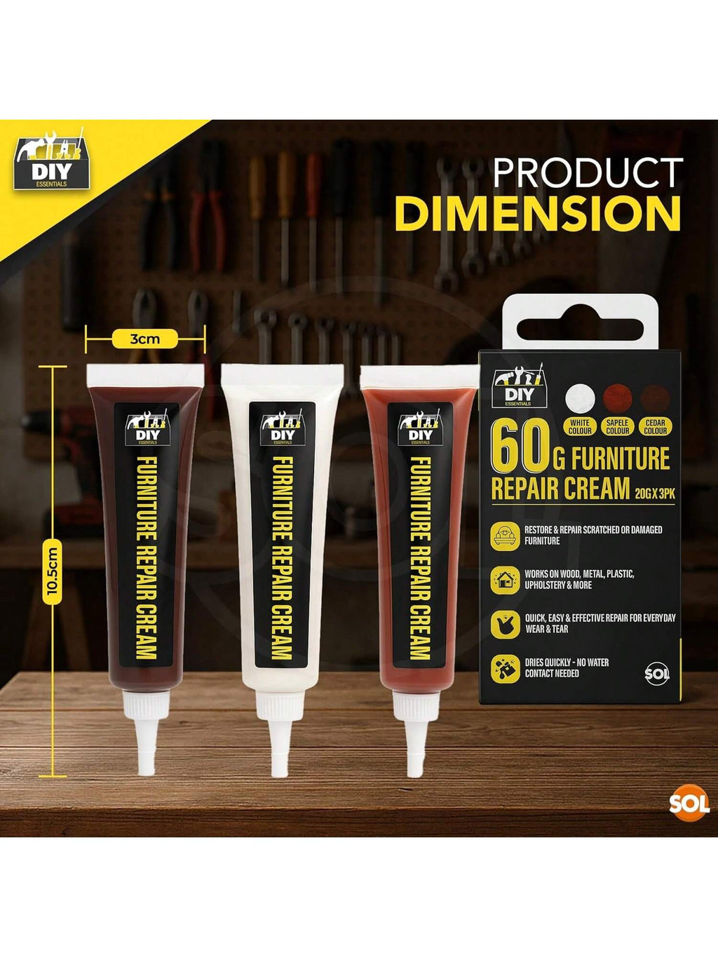 SOL 60g Furniture Repair Cream – 3pk 20g White, Sapele And Cedar Colour Wood Scratch Remover For Tables, Cabinets And Flooring – Surface Restorer For Marks, Scuffs And Wood Touch-Ups In Home Or Office