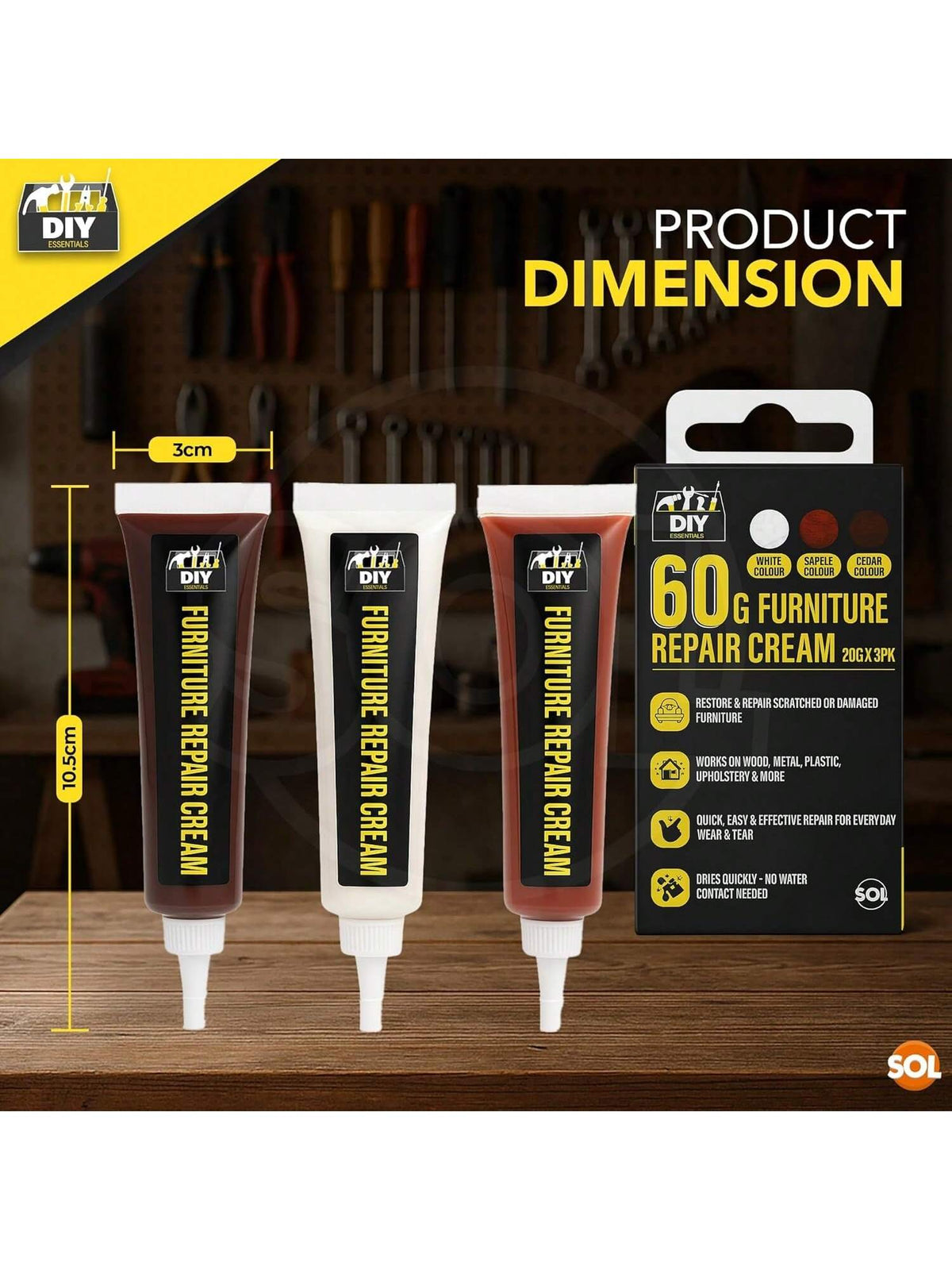 SOL 60g Furniture Repair Cream – 3pk 20g White, Sapele And Cedar Colour Wood Scratch Remover For Tables, Cabinets And Flooring – Surface Restorer For Marks, Scuffs And Wood Touch-Ups In Home Or Office