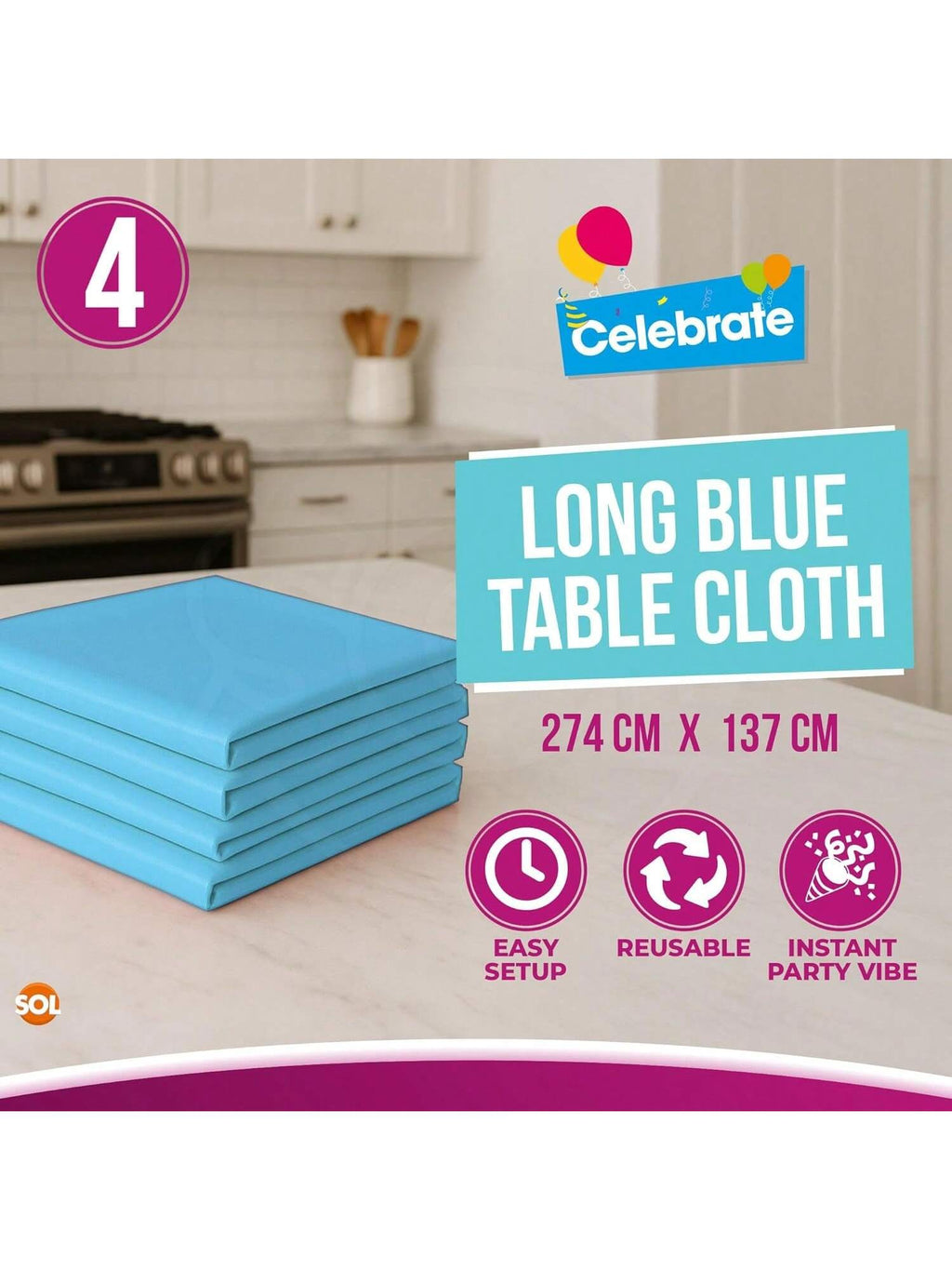 SOL 4pk Long Blue Table Cloth Party 274x137cm Plastic Cover Disposable Tablecloths For Parties - Spill Protection - Great For Weddings, Buffets, Catering, Restaurants, Outdoor Events & Celebrations