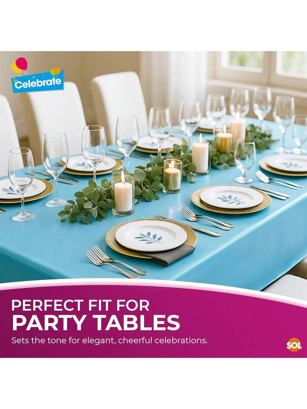 SOL 4pk Long Blue Table Cloth Party 274x137cm Plastic Cover Disposable Tablecloths For Parties - Spill Protection - Great For Weddings, Buffets, Catering, Restaurants, Outdoor Events & Celebrations