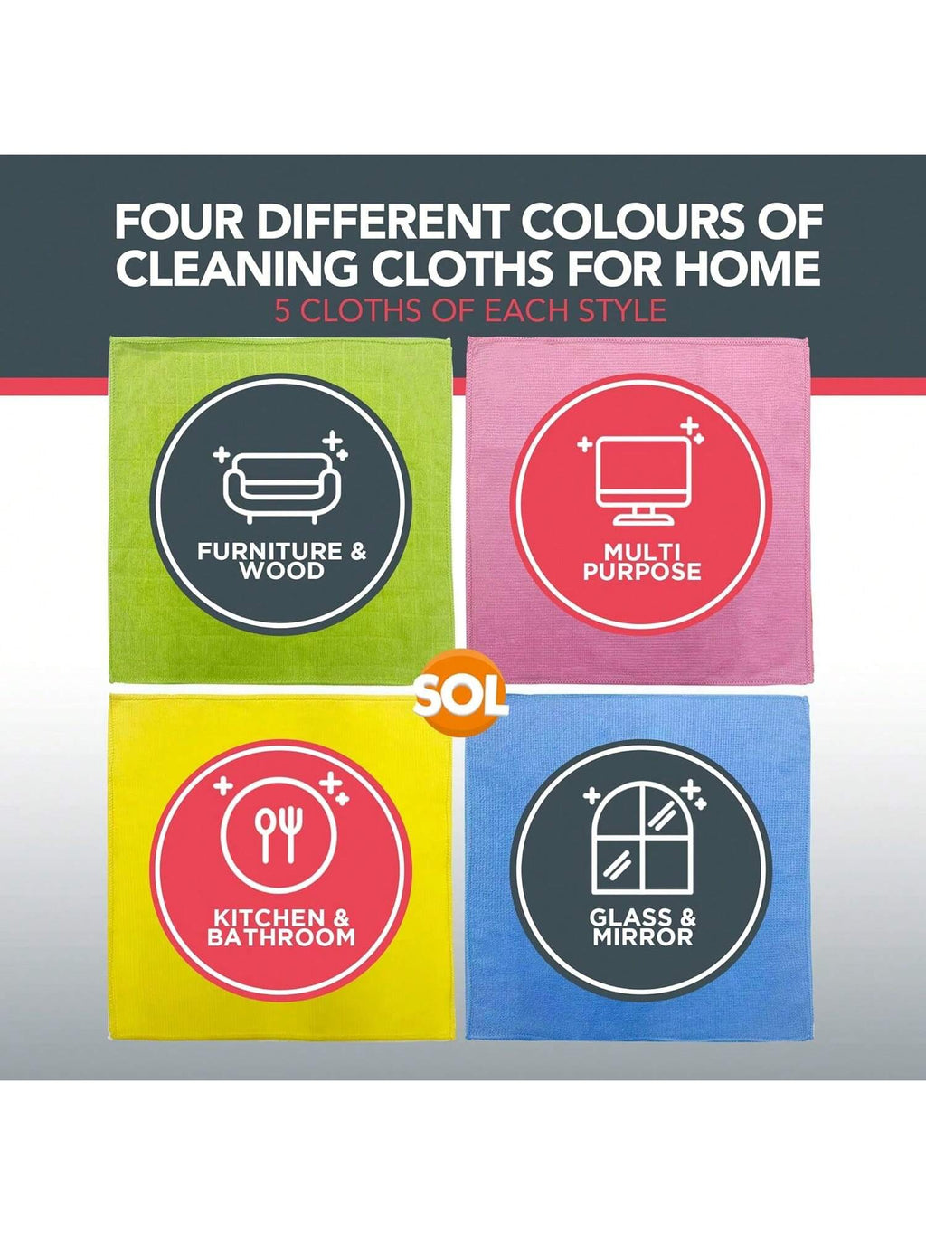 SOL 20pk Microfibre Cloths For Cleaning, 28x28cm Lint-Free Cleaning Cloths, Reusable, Quick-Drying, Perfect For Windows, Kitchens, Cars, Bathrooms & Professional Cleaning Tasks