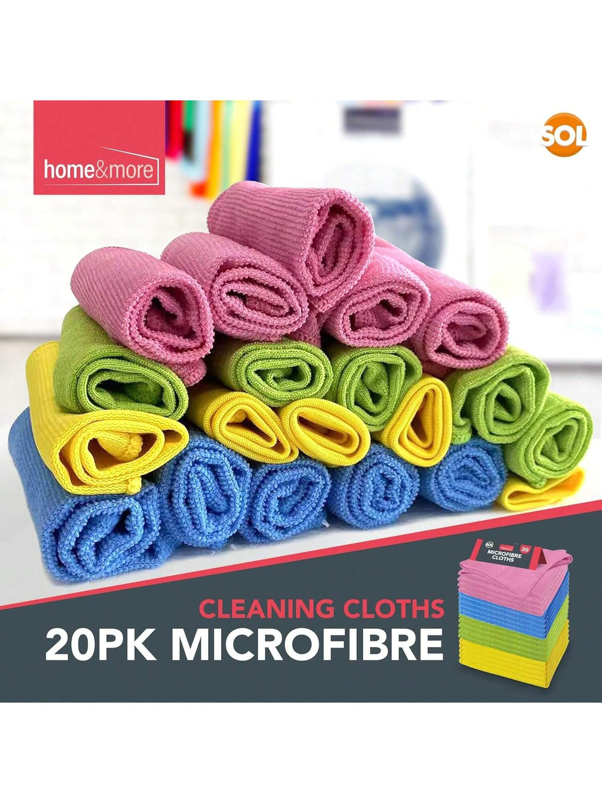SOL 20pk Microfibre Cloths For Cleaning, 28x28cm Lint-Free Cleaning Cloths, Reusable, Quick-Drying, Perfect For Windows, Kitchens, Cars, Bathrooms & Professional Cleaning Tasks