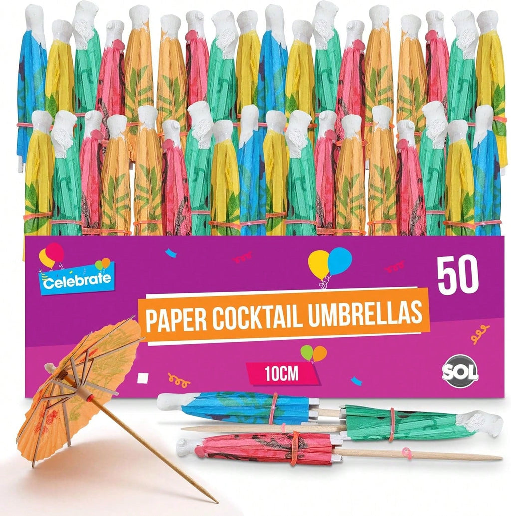 SOL 50pk Paper Cocktail Umbrellas - Assorted Colours For Drinks & Snacks - Durable Party Accessories For Hawaiian, Pool, Beach, Summer & Birthday Parties - Eye-Catching Designs For Drinks & Appetisers