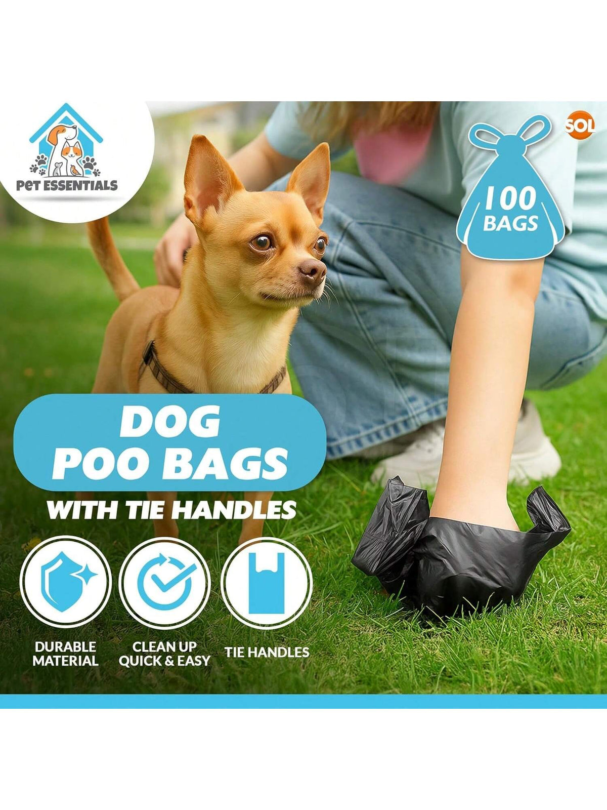 SOL 100pk Dog Poo Bags With Tie Handles - 31.5cm X 18.7cm Leak-Proof And Durable Dog Bags For Poop, Easy To Use And Carry, Perfect For Daily Walks, Travel, And Clean Waste Disposal