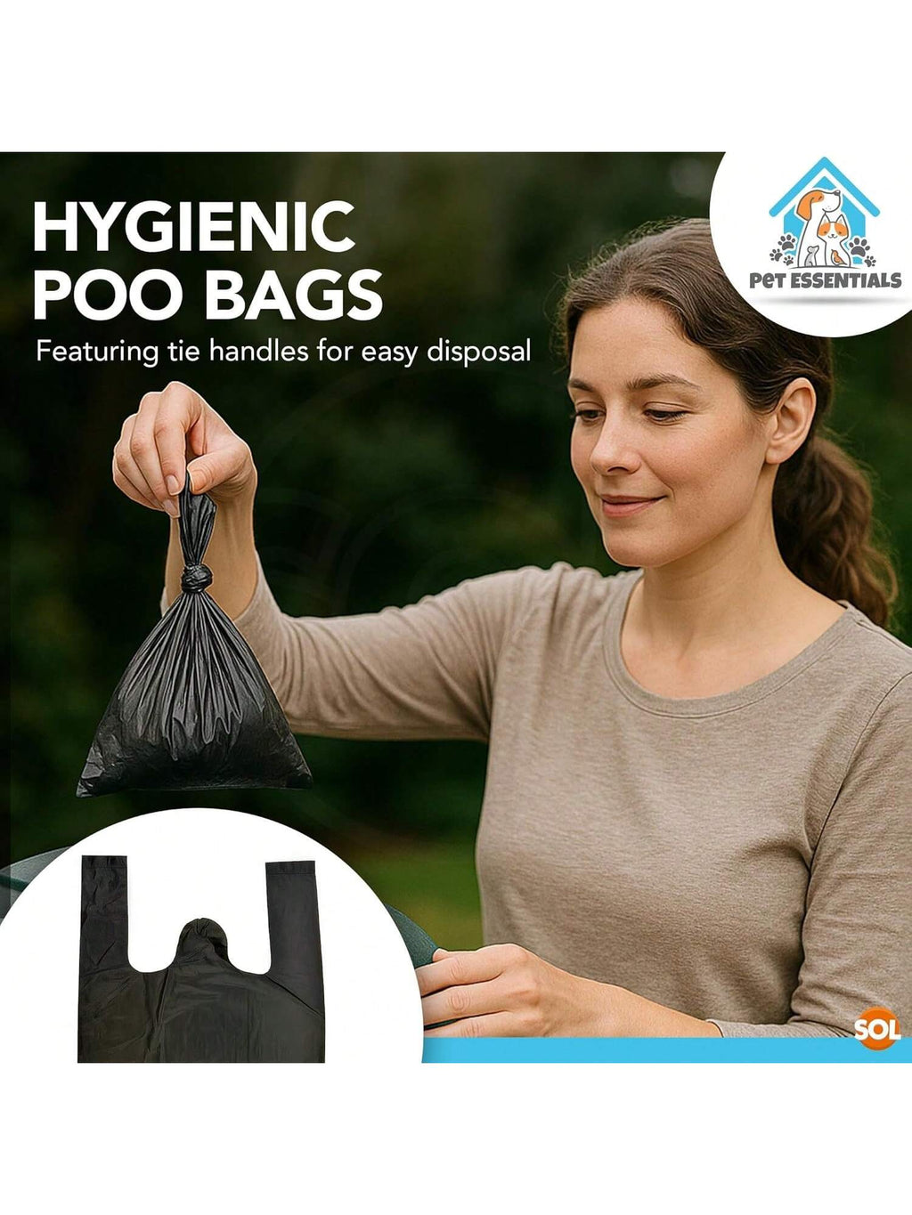 SOL 100pk Dog Poo Bags With Tie Handles - 31.5cm X 18.7cm Leak-Proof And Durable Dog Bags For Poop, Easy To Use And Carry, Perfect For Daily Walks, Travel, And Clean Waste Disposal