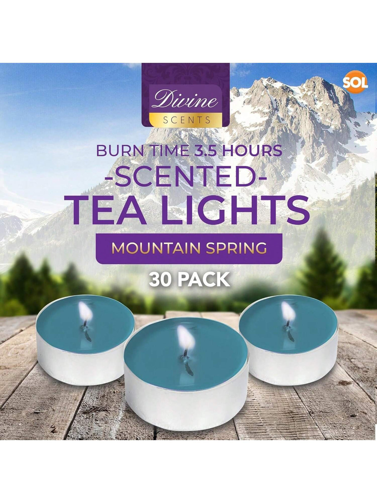 SOL 30pk Tea Light Candles Mountain Spring – 3.5 Hour Burn Time, Scented Tea Lights With A Refreshing Fragrance - Ideal For Home, Relaxation, Romantic Dinners, Weddings, Festive Decor, Cosy Evenings