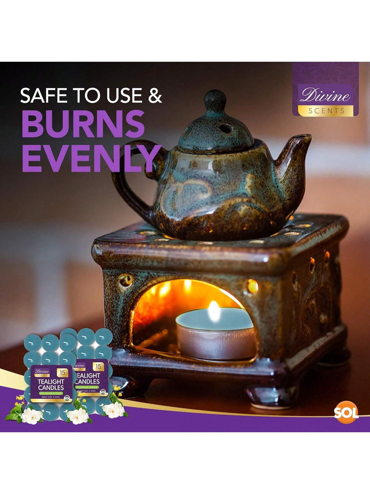 SOL 30pk Tea Light Candles Mountain Spring – 3.5 Hour Burn Time, Scented Tea Lights With A Refreshing Fragrance - Ideal For Home, Relaxation, Romantic Dinners, Weddings, Festive Decor, Cosy Evenings