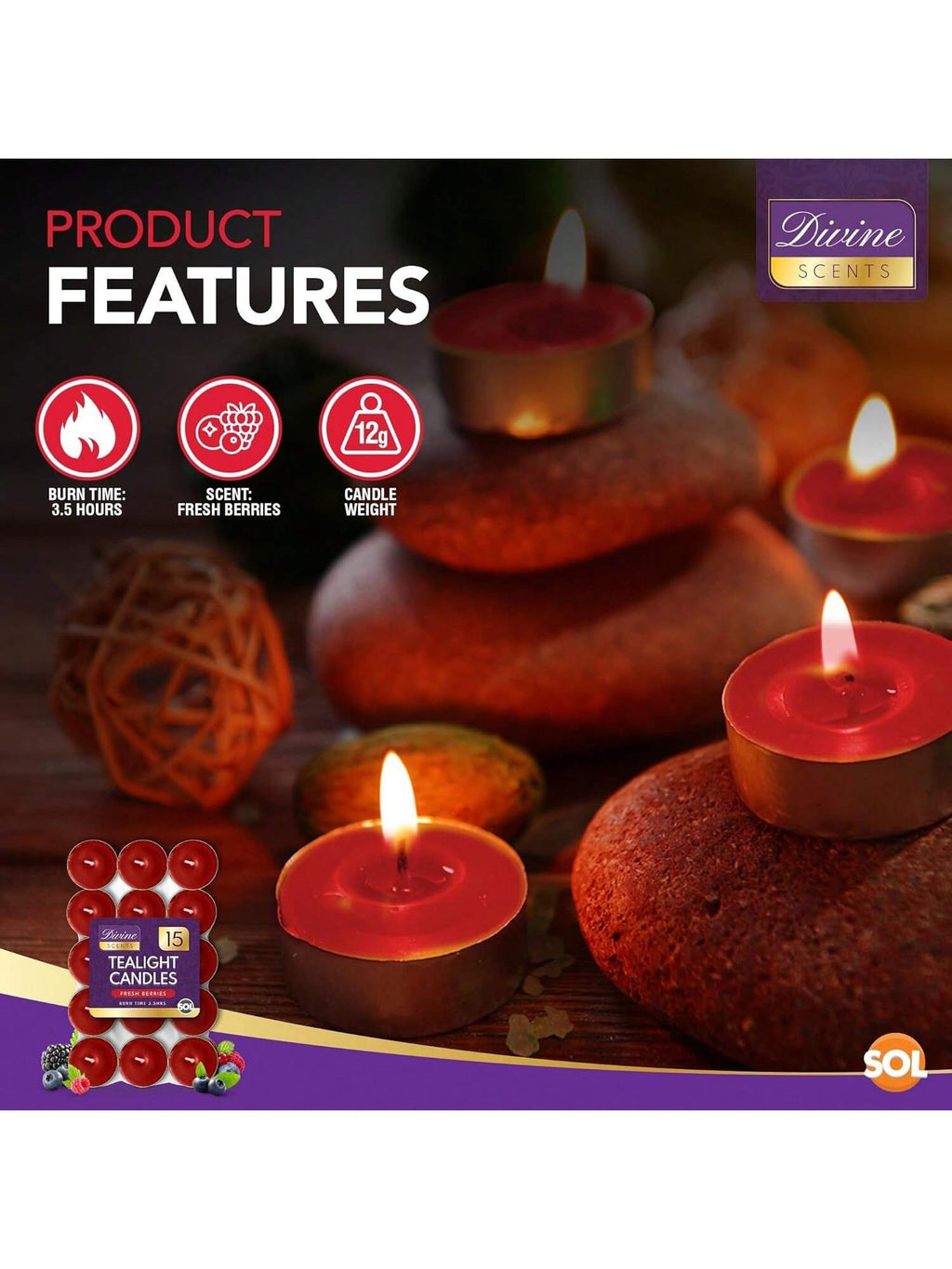 SOL 15pk Tea Light Candles Fresh Berries – 3.5 Hour Burn Time, Scented Tea Lights, Long-Lasting And Ideal For Home, Relaxation, Romantic Dinners, Weddings, Festive Decor, Cosy Evenings