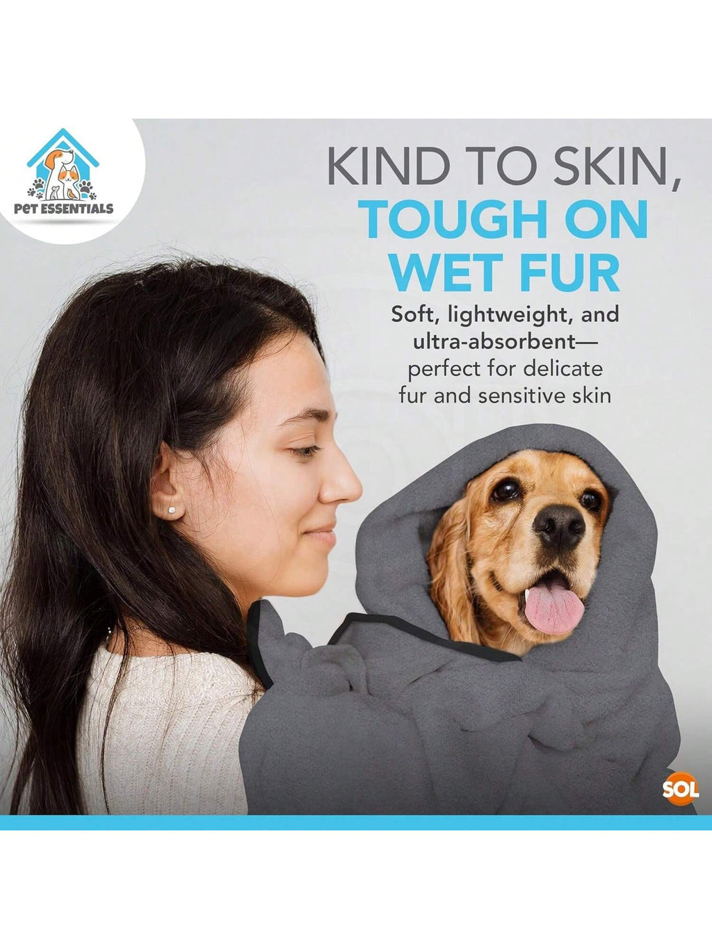 SOL Microfibre Towel For Dog, 100cmx50cm Dog Towel For Drying Dogs, Quick Dry Absorbent Pet Towels, Soft, Lightweight Pet Fabric For Drying Dogs, Puppies & Cats, Ideal For Indoor, Outdoor & Travel Use