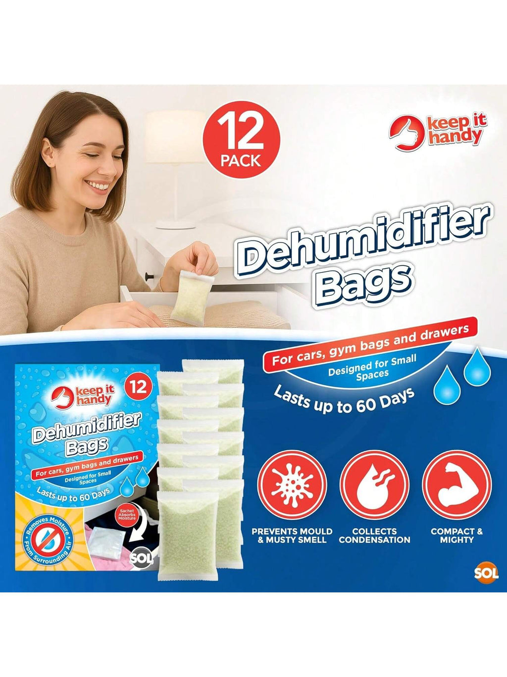 SOL 24pk Dehumidifier Bags - Interior Disposable Wardrobe Damp Absorber for Home, Cars, Drawers & Enclosed Spaces, Moisture Absorbing, Odour Removal, Compact, Portable, Fits in Small Area, Easy to Use