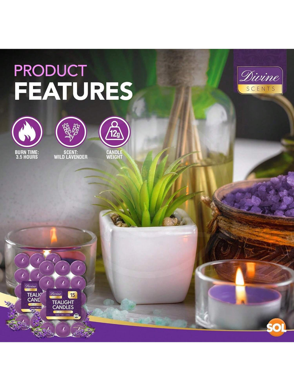 SOL 30pk Tea Light Candles Wild Lavenders – 3.5 Hour Burn Time, Scented Tea Lights Candles, Long-Lasting And Ideal Home Decor, Relaxation, Romantic Dinners, Weddings, Cosy Evenings & Special Occasion