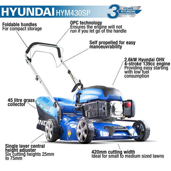 Hyundai 17" / 43cm 139cc Self-Propelled Petrol Lawnmower, 25-75mm Cuts, Rear Discharge | HYM430SP