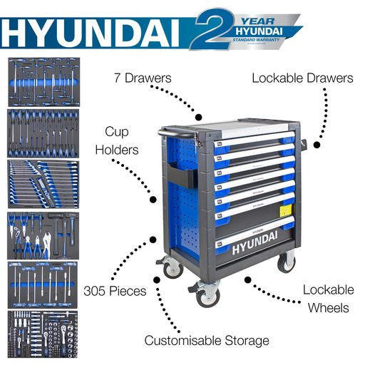 Hyundai 305 Piece Tool Set, 7 Drawer Caster Mounted Roller Tool Chest Cabinet | HYTC9003