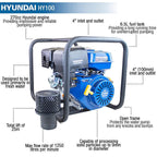 Hyundai 100mm 4" Petrol Clean Water Pump, 20m Total Head, 7m Lift, 1250L/min Flow Rate| HY100