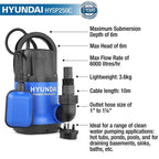 Hyundai 250W Submersible Water Pump, 25-32mm / 1 - 1/4" Hose, Clean Water, 10m Lift | HYSP250C