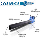 Hyundai 40V Cordless Leaf Blower, 132mph Air Speed, Lightweight, Li-Ion Battery Powered Garden Blower | HYB40LI