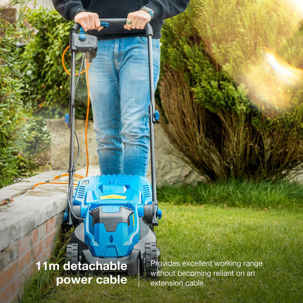 Hyundai 33cm 1300W Electric Lawn Mower, 11m Detachable Power Cable, 3 Heights & 30L Collection Bag | HYM3313E
