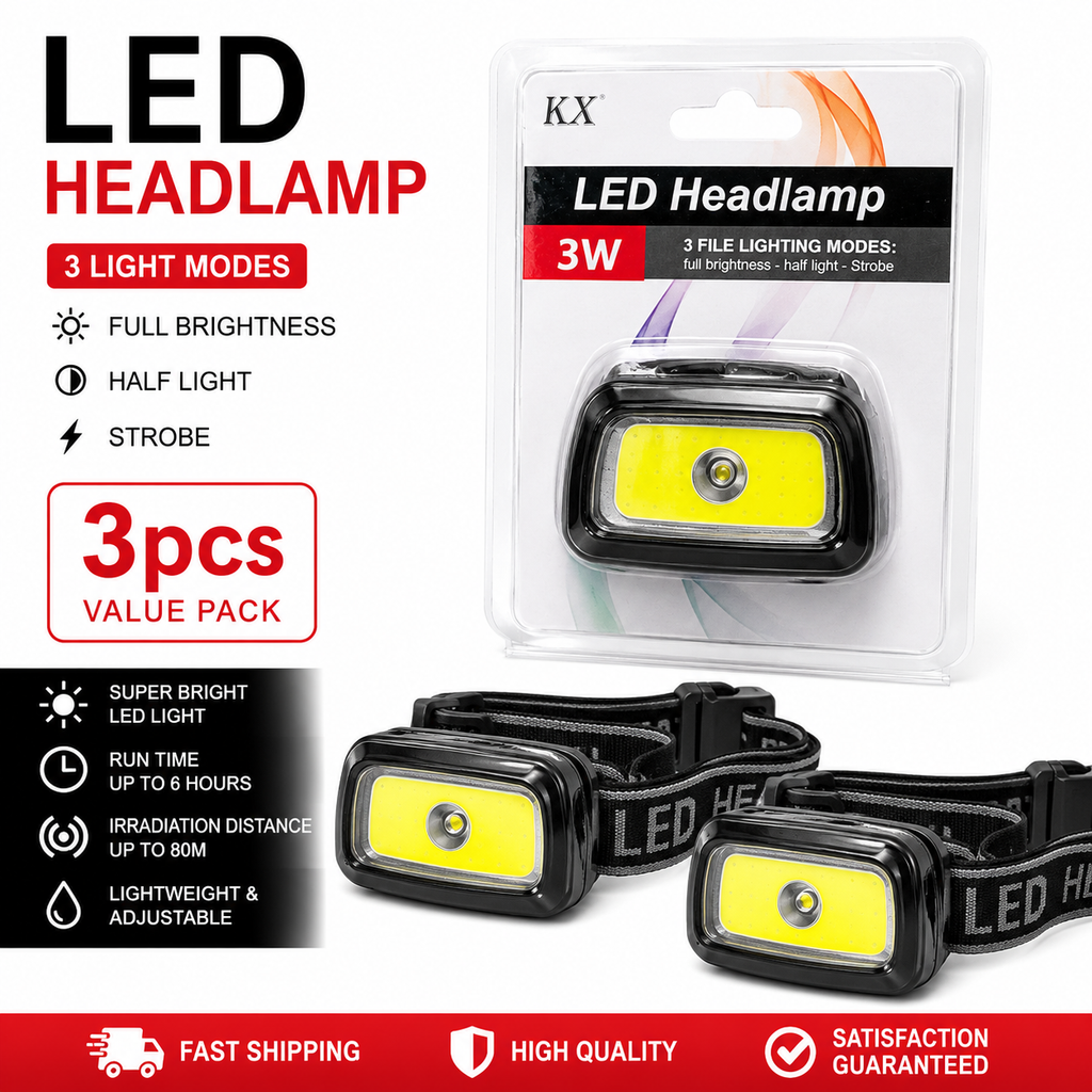 3x LED Headlamp 3W Adjustable Head Torch Camping Hiking Fishing Work Light 3 Modes