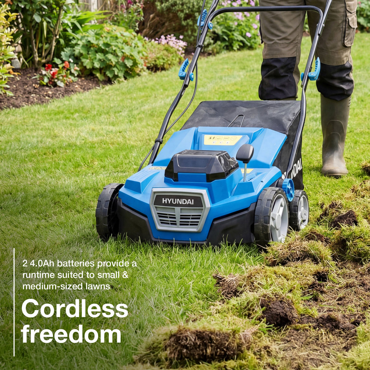 Hyundai 38cm / 15" 2-in-1 Cordless Scarifier & Rake, 40V (2x20V) Brushless, 45L Collection Bag | HY40CSC38