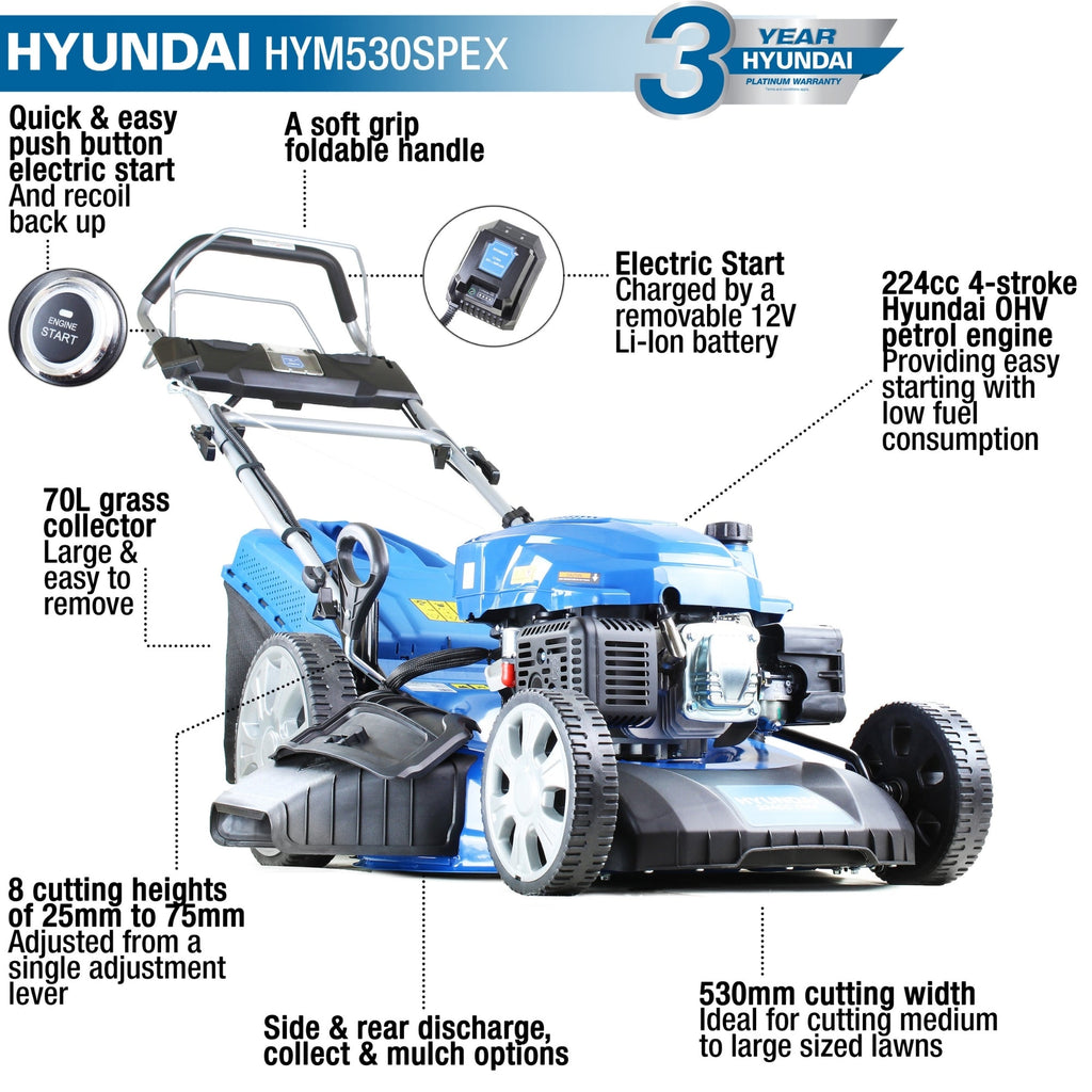 Hyundai 21'' / 53cm 224cc 4-in-1 Electric-Start Self-Propelled Petrol Lawnmower, Mulch, Rear & Side Discharge, Hose Connector | HYM530SPEX